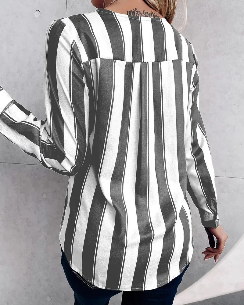 Deanwangkt - Relaxed Deep V Stripe Long Sleeve Blouse - Deanwangkt