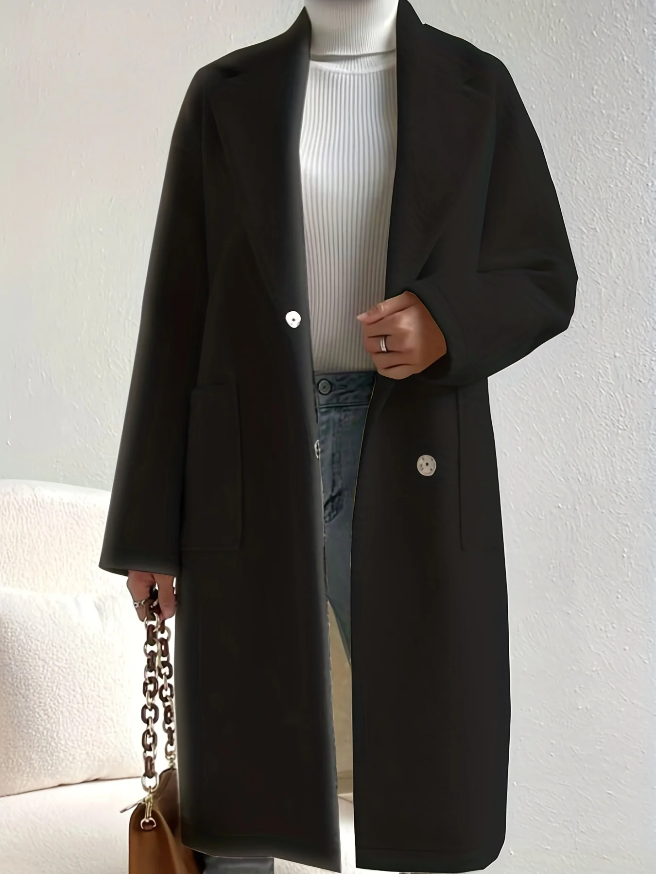 deanwangkt-1  Button Front Lapel Overcoat, Elegant Solid Long Sleeve Winter Outerwear, Women's Clothing - Deanwangkt