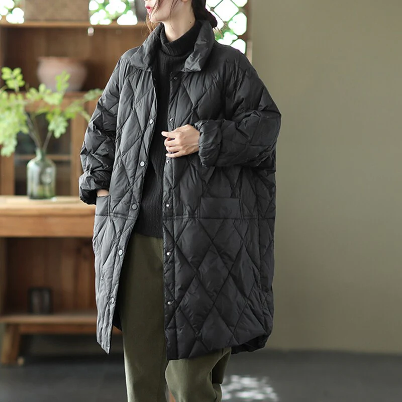 Black Friday Sales Autumn Winter Women Ultra Light Loose Long Down Parka Casual Female Single Breasted White Duck Down Coat Warm Outwear - Deanwangkt