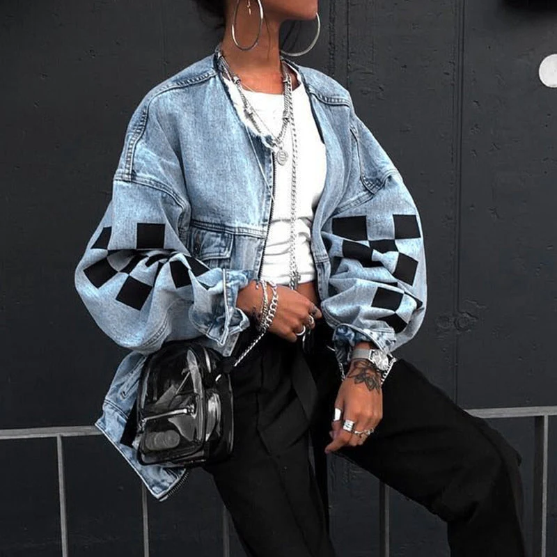 Christmas Gift Deanwangkt Jean Jacket Women Denim Jackets Autumn Winter Loose Plaid Zipper Tops Streewear Hip Hop Coats Jackets Ladies Plus Size 5xl - Deanwangkt