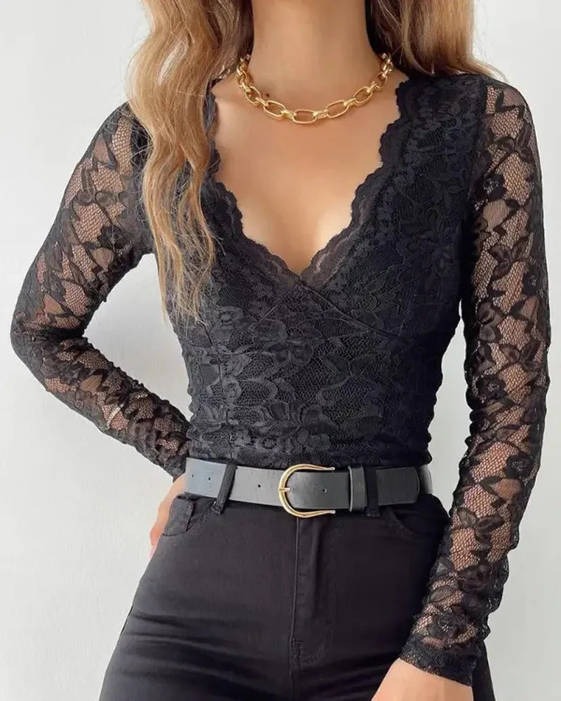 Deanwangkt - Crochet Lace Scallop Trim Long Sleeve Bodycon Top - Deanwangkt