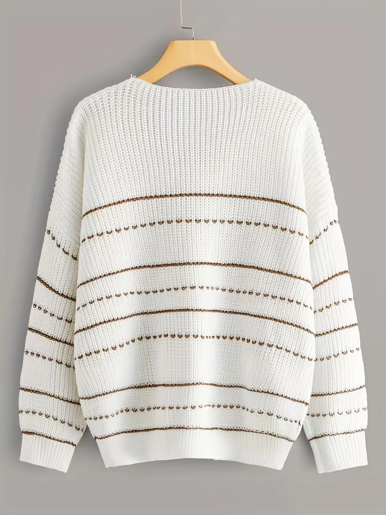 deanwangkt-1  Striped Print Knit Sweater, Casual V Neck Long Sleeve Sweater, Women's Clothing - Deanwangkt