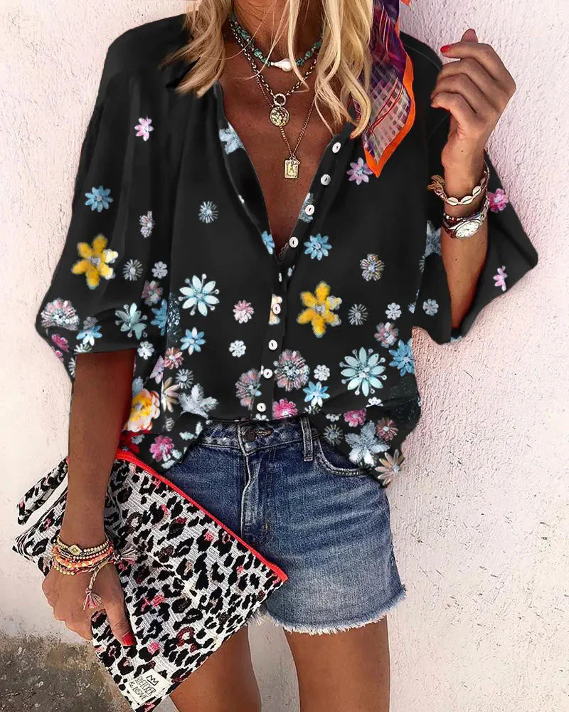 Deanwangkt - Floral Print Lantern Sleeve Button Down Shirt - Deanwangkt