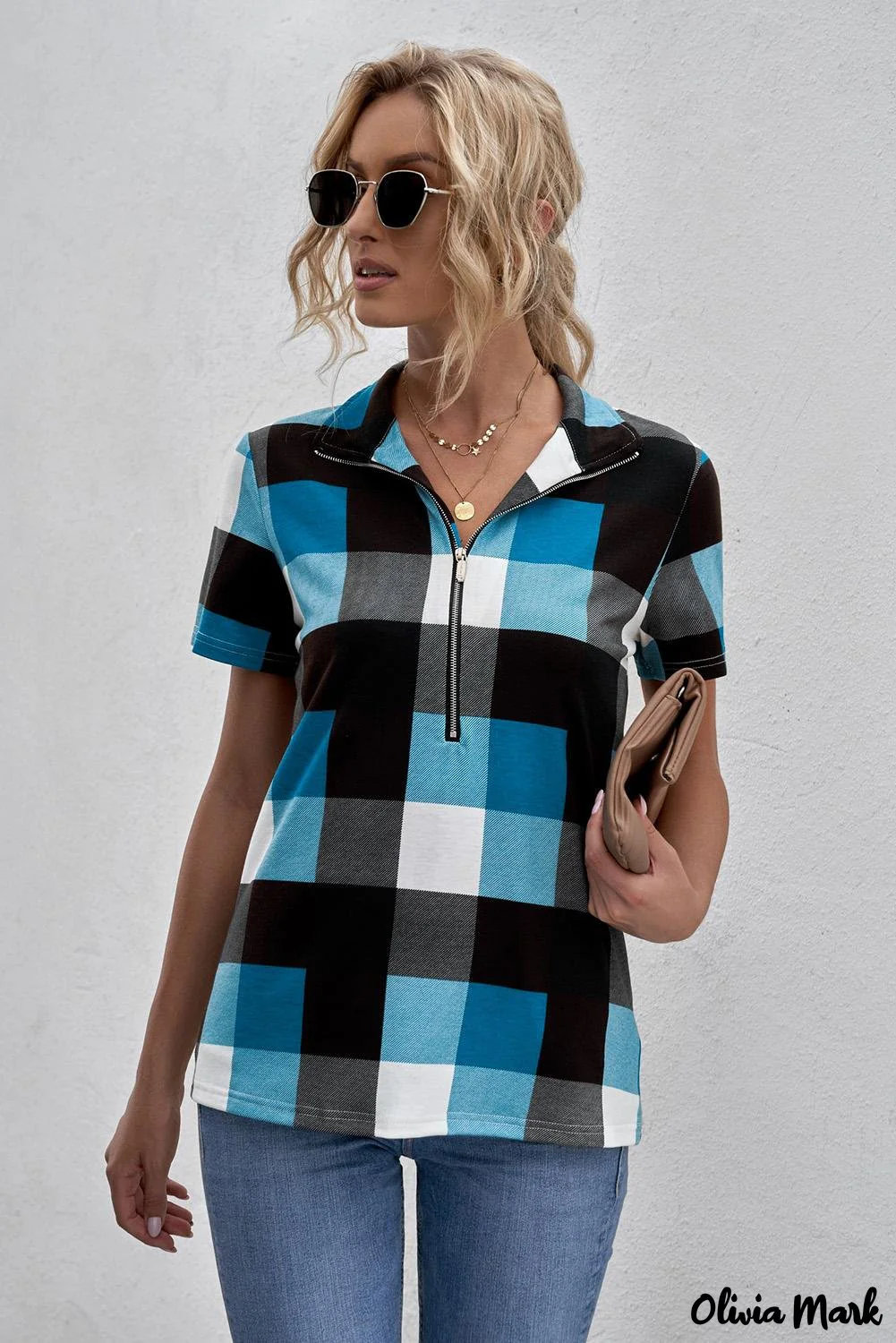 Deanwangkt - Blue Checked Zip V-Neck Short Sleeve Blouse - Deanwangkt