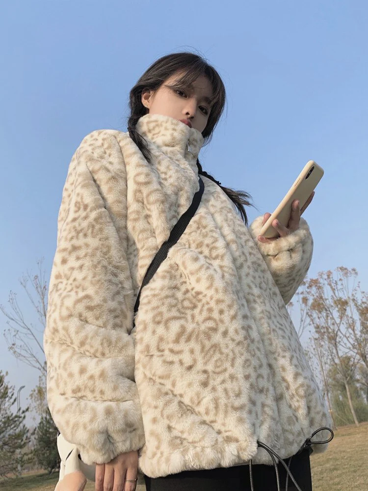 Christmas Gift Deanwangkt new winter Korean zipper top lamb leopard plush short coat imitation Rex Rabbit Fur grass fur coat female - Deanwangkt