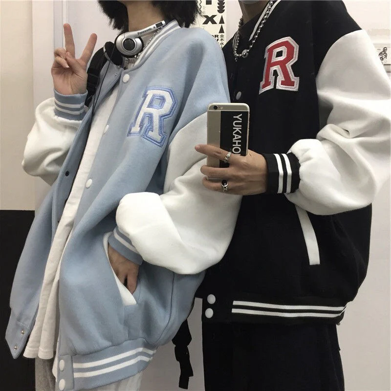Christmas Gift Deanwangkt Spring Coat American Baseball Bomber Jacket Loose Letter R Men Women Couples Tops Harajuku Plus Size Jackets Streetwear - Deanwangkt