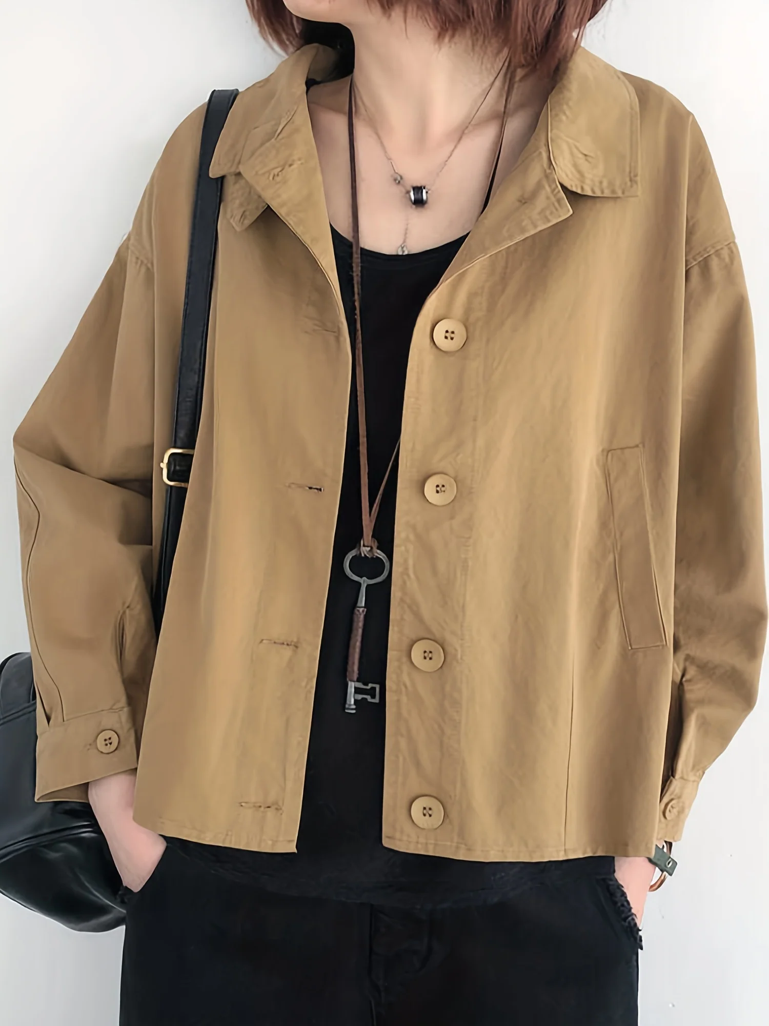 deanwangkt-1  Solid Button Front Jacket, Casual Long Sleeve Turn Down Collar Long Sleeve Outerwear, Women's Clothing - Deanwangkt