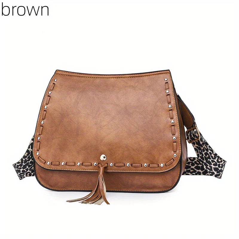 Leopard Strap Crossbody Bag, Trendy Tassel Shoulder Bag, Goth Studded Decor Purses For Women - Deanwangkt