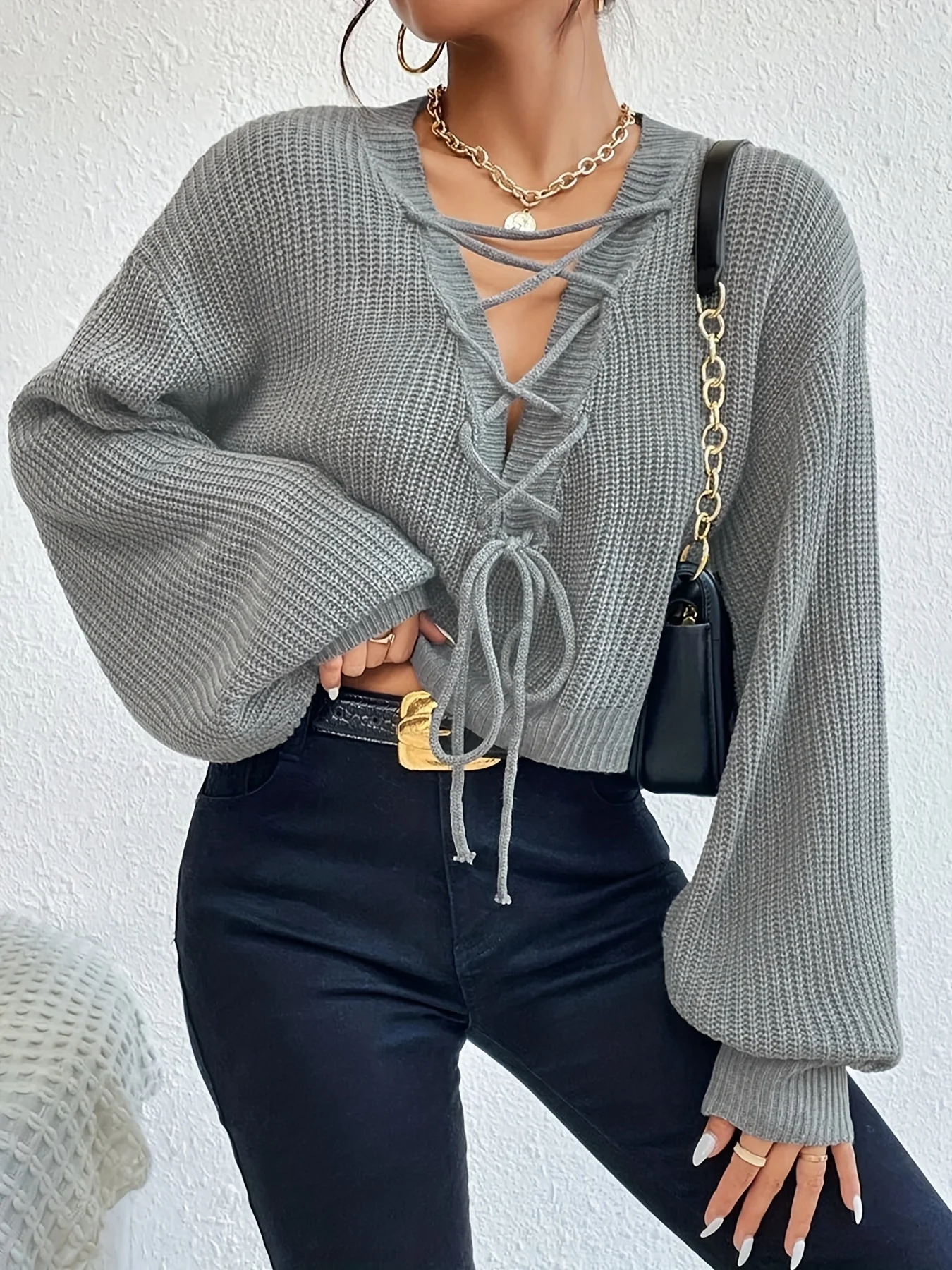 Solid Lace Up Sweater, Casual Long Sleeve Sweater For Fall & Winter, Women's Clothing - Deanwangkt