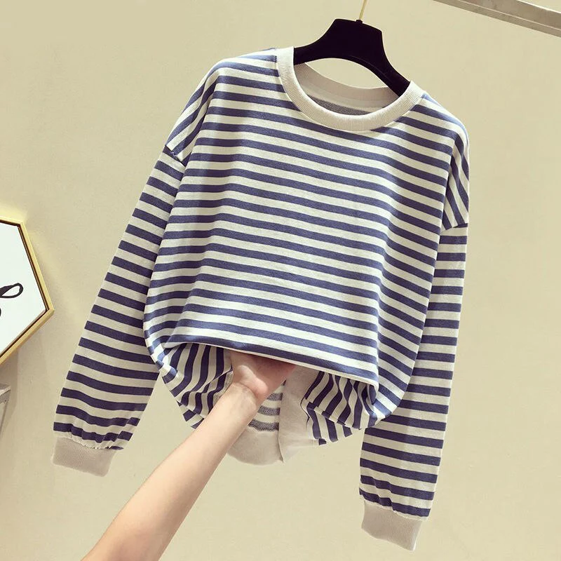 Christmas Gift Autumn Striped Knitted Hoodies Sweatshirts Women Casual Gentle Long Sleeve Loose Pullovers Patchwork O-Neck Collar Tops - Deanwangkt