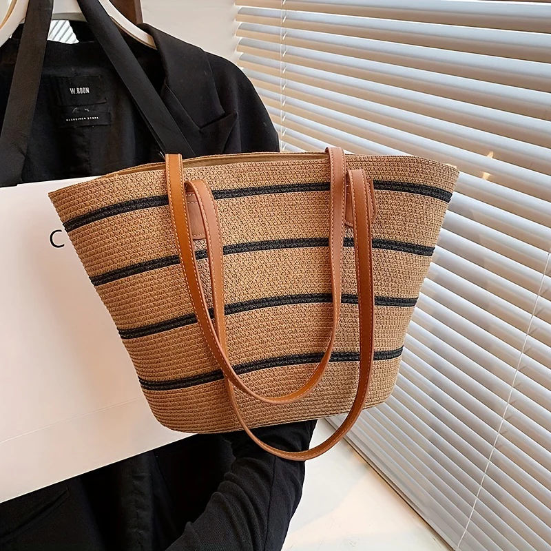deanwangkt-1  Striped Pattern Straw Bag, Vacation Style Tote Bag, Boho Style Shoulder Bag For Travel Beach - Deanwangkt