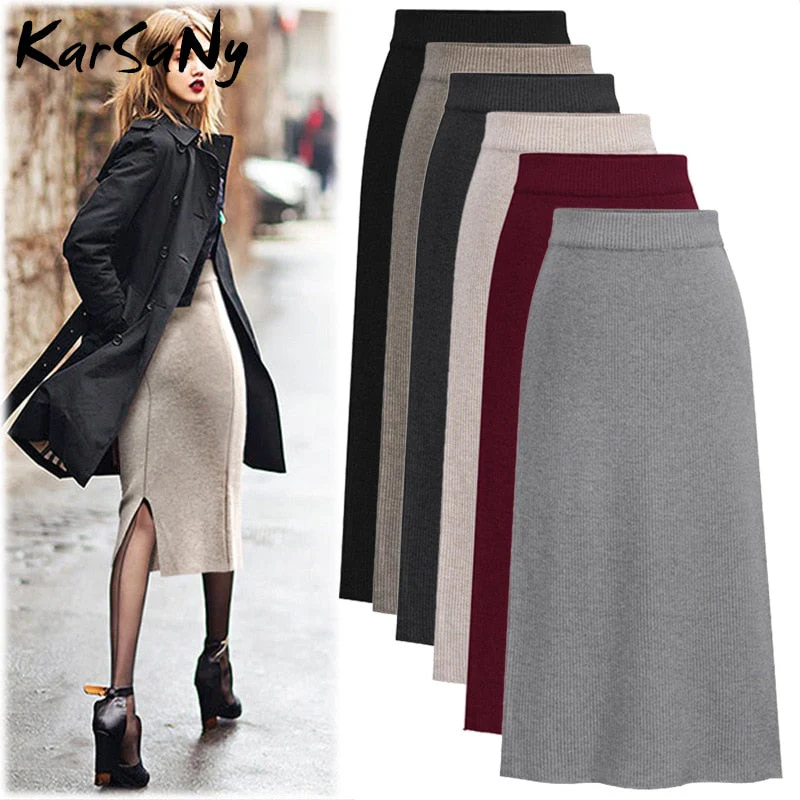 Christmas Gift Autumn Winter Knit Pencil Skirt Women Plus Size High Waist Skirts Womens Knited Split Midi Skirt For Women Autumn 6XL - Deanwangkt