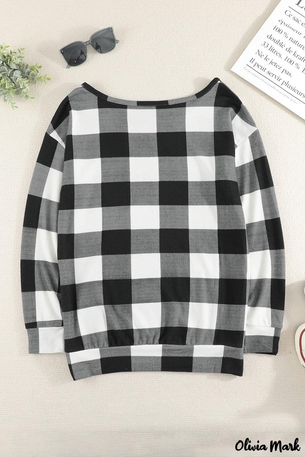 Deanwangkt - Plaid Kangaroo Pocket Long Sleeve Blouse - Deanwangkt
