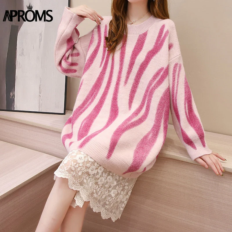 Christmas Gift Aproms Elegant Green Striped Print Oversized Pullovers Women Winter O-Neck Loose Long Sweaters Streetwear Warm Outerwear Deanwangkt - Deanwangkt