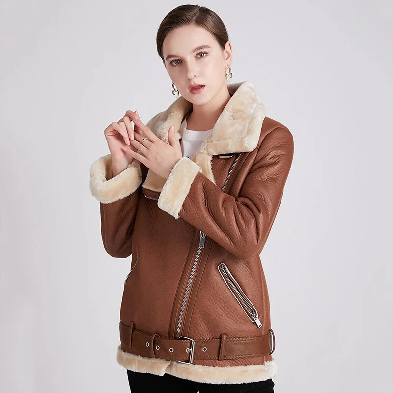 Black Friday Sales New Women Winter Lambs Wool Parkas Fur Collar Zipper Jacket Warm Thick Outerwear Faux Lamb Leather Coat Moto Outwear - Deanwangkt
