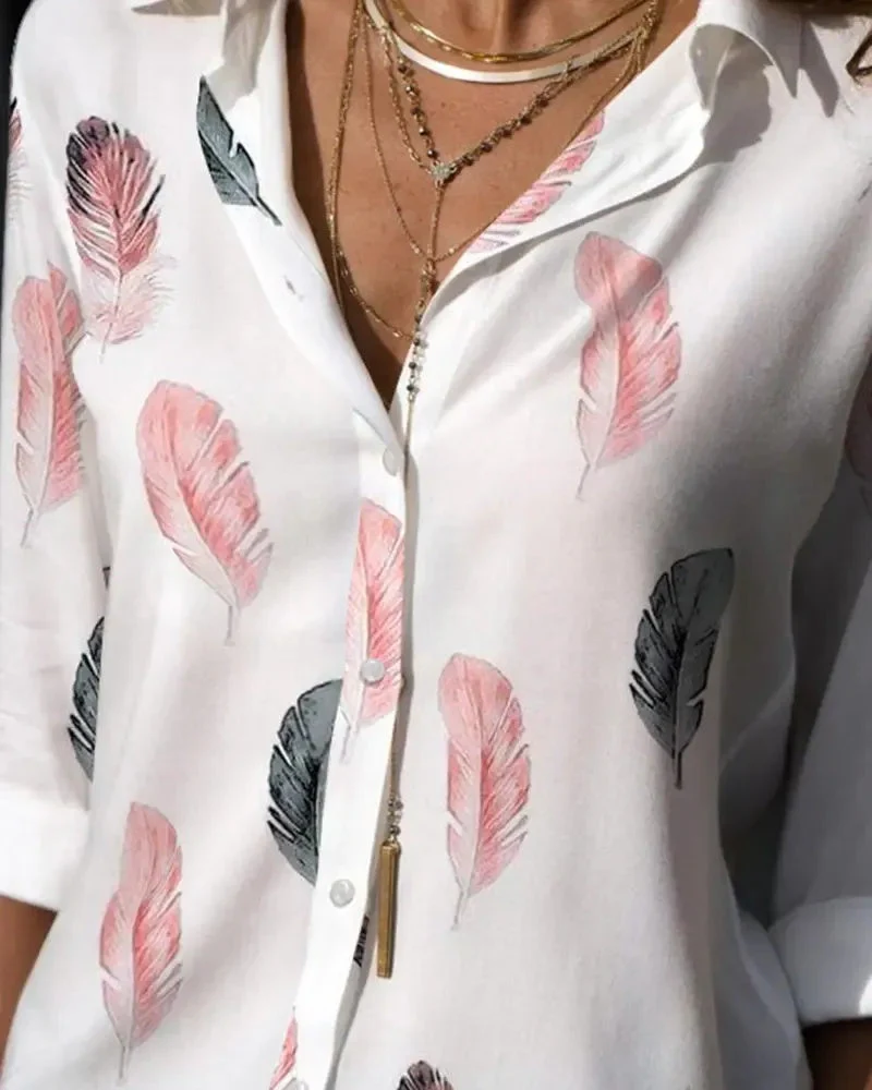 Deanwangkt - Feather Print Long Sleeve Button Down Shirt - Deanwangkt