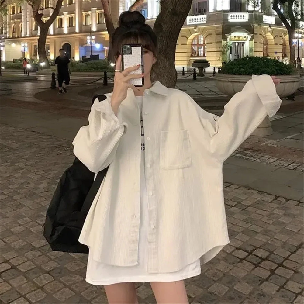 Autumn Loose Bf Women'S Fresh Simple Corduroy Shirt Smiley Embroidery Casual Solid Color Loose Blouses Tops Lady Clothes Coat - Deanwangkt