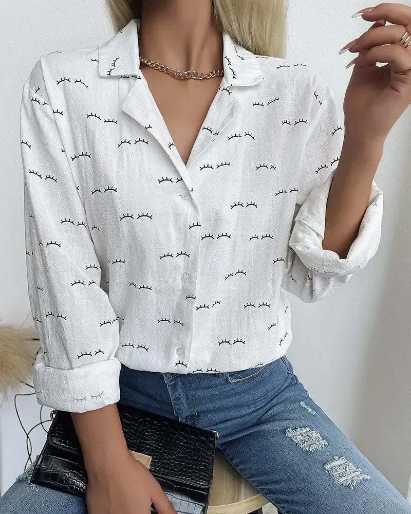 Deanwangkt - Eyelash Print Long Sleeve Button Down Shirt - Deanwangkt