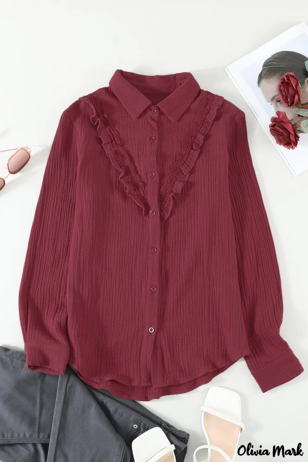 Deanwangkt - White Ruffle Crinkle Long Sleeve Shirt - Deanwangkt