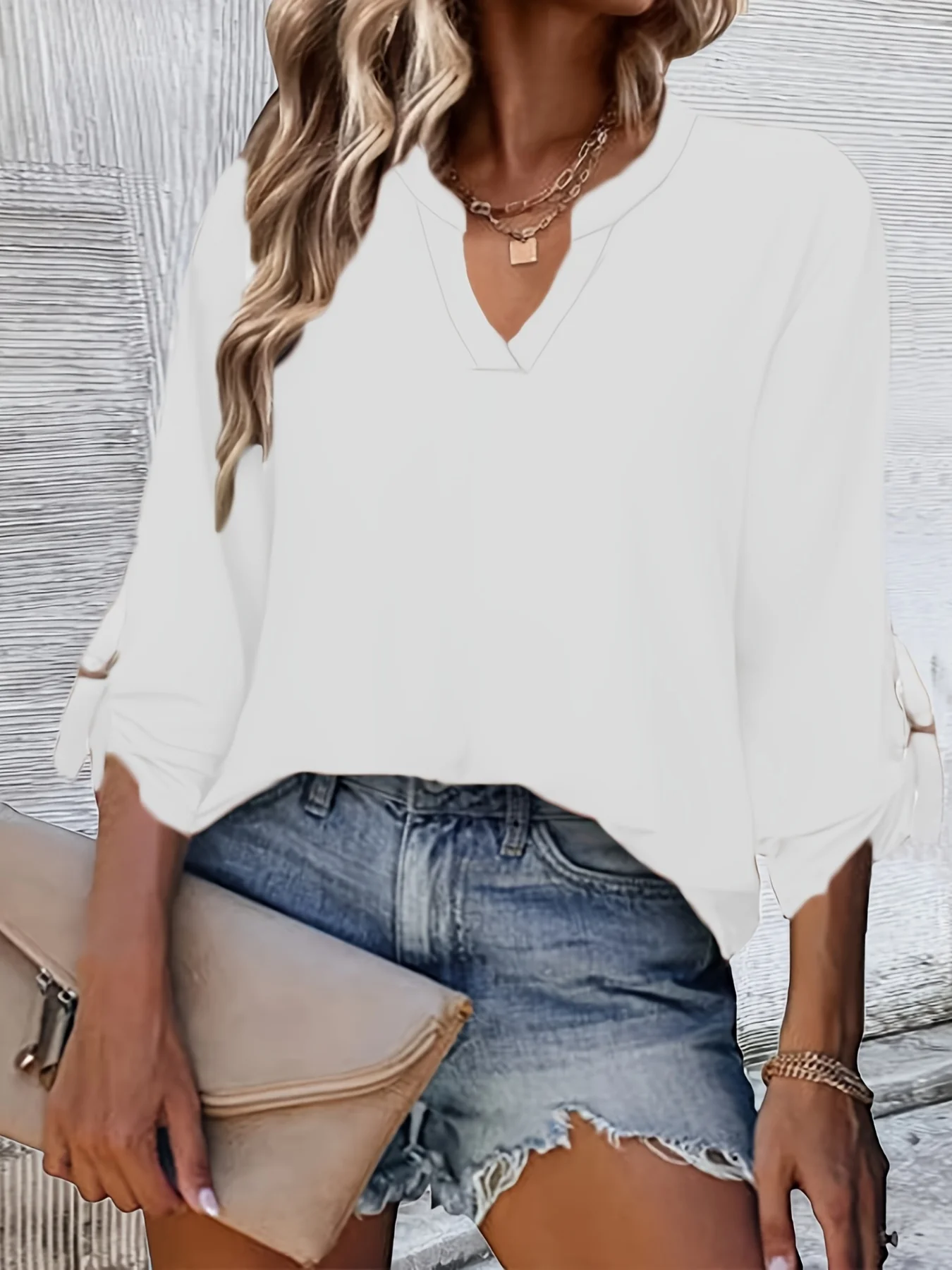 Solid Long Sleeve Blouse, V Neck Casual Every Day Top For Summer & Spring, Women's Clothing - Deanwangkt