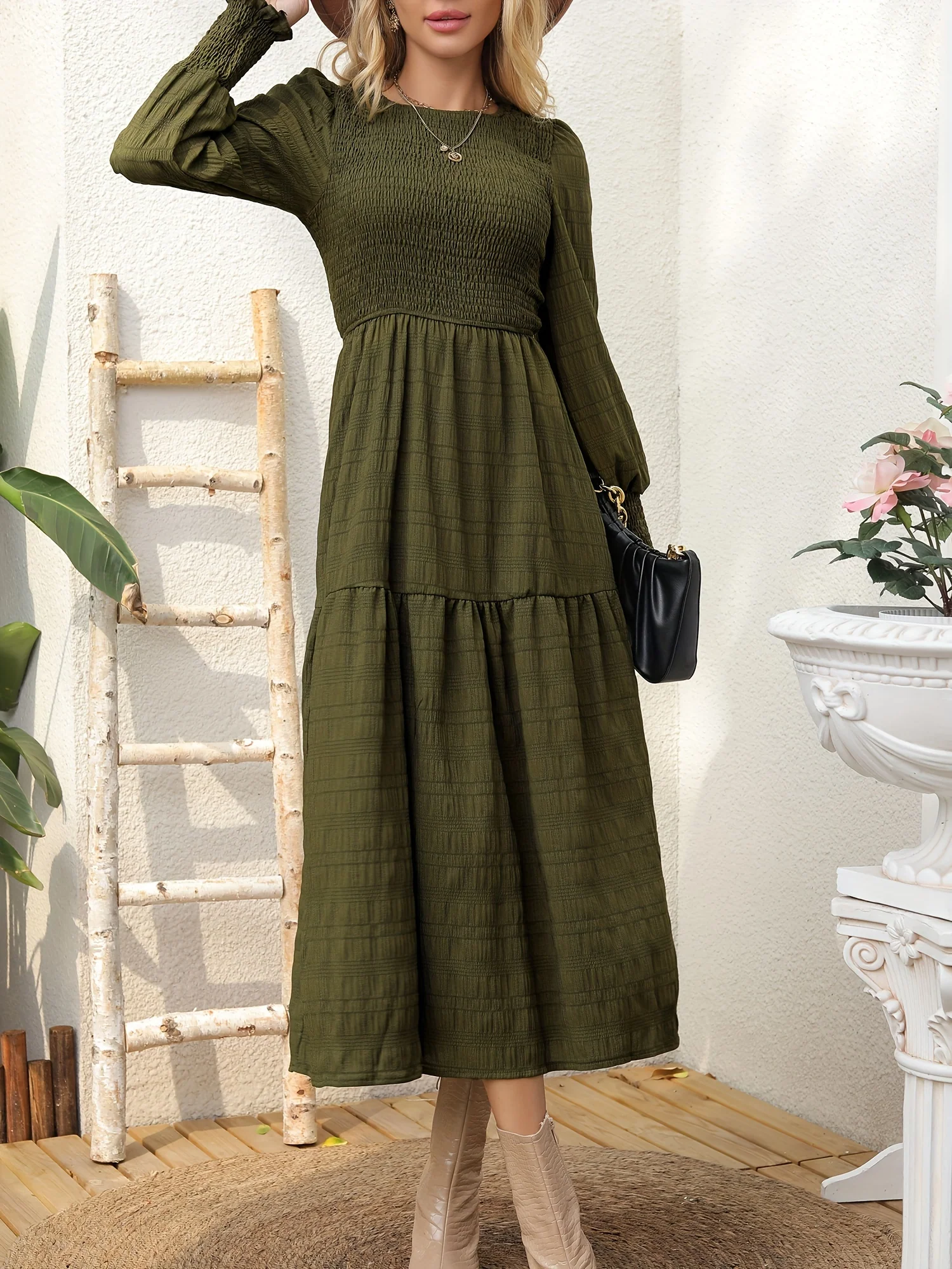 deanwangkt-1 Textured Shirred Dress, Casual Solid Long Sleeve Midi Dress, Women's Clothing - Deanwangkt