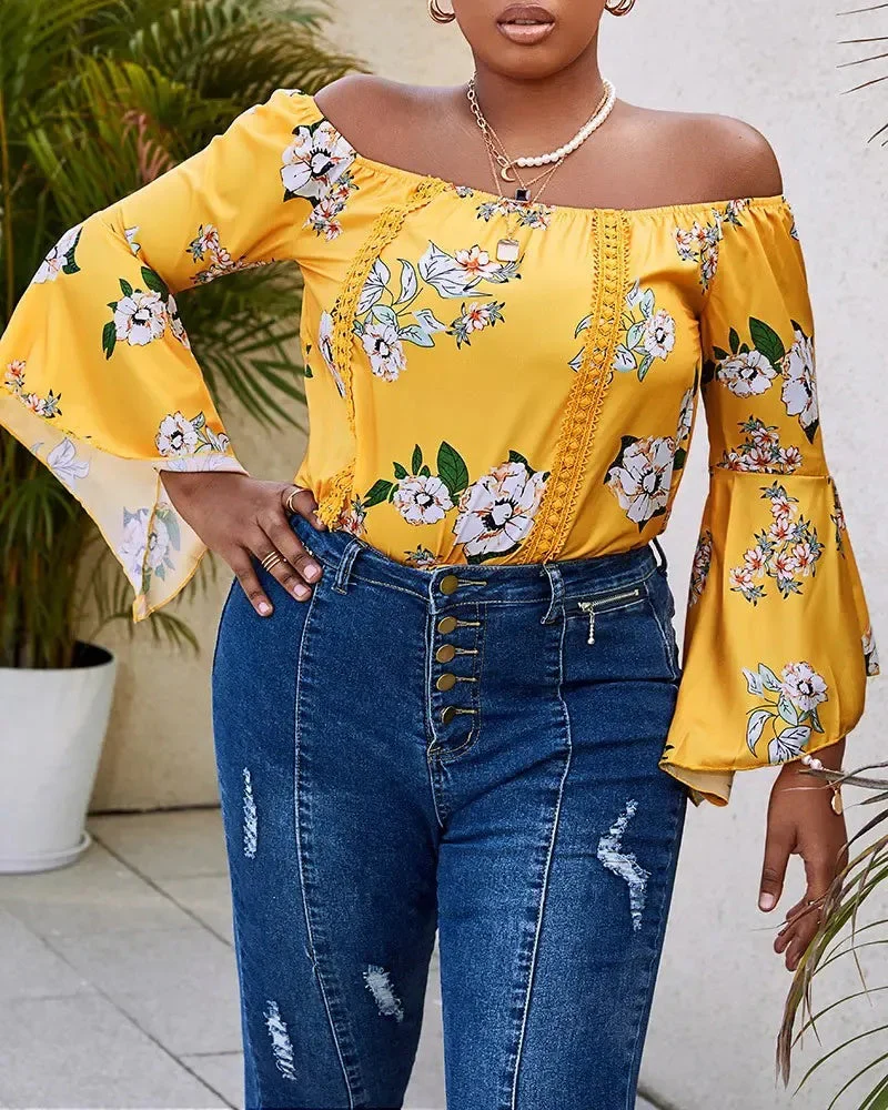 Deanwangkt - Off-the-Shoulder Floral Print Bell-Sleeve Top - Deanwangkt