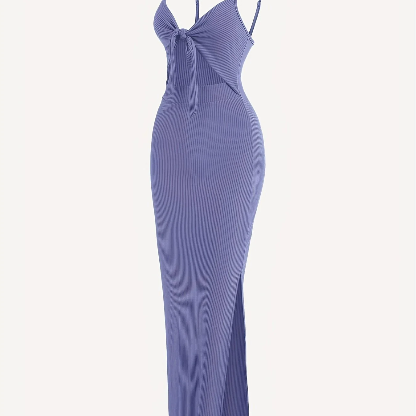deanwangkt-1 Sexy Spaghetti Strap Ribbed Knot Cutout Side Split Maxi Dress, Solid Body-Con Dress For Spring & Fall, Women's Clothing - Deanwangkt