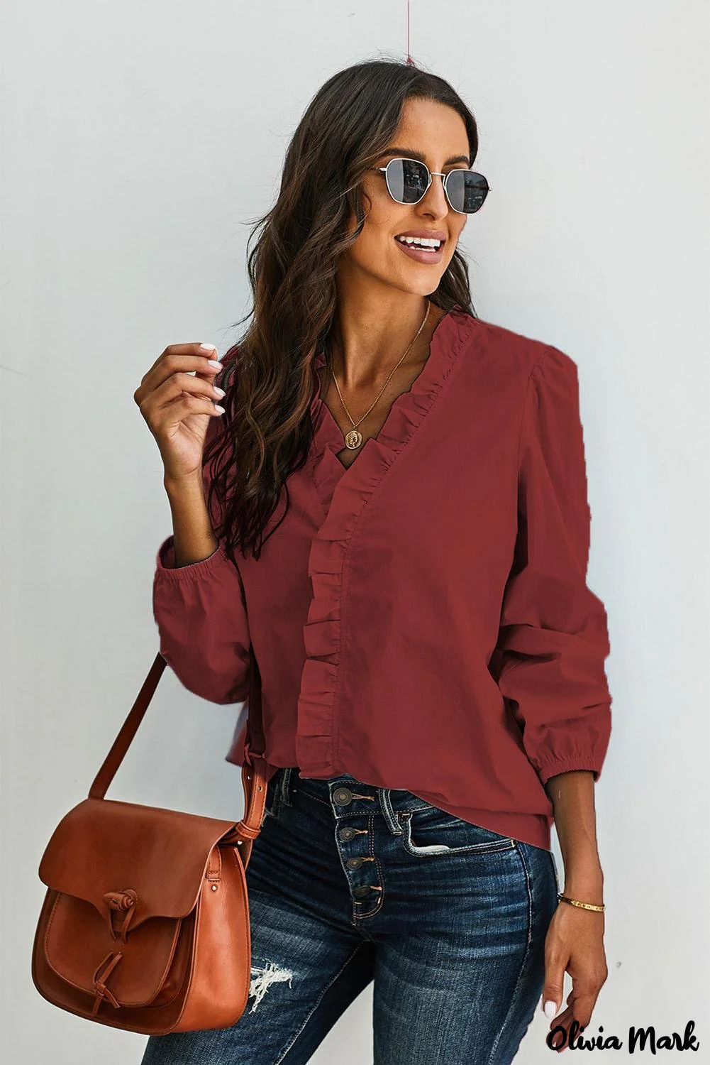 Deanwangkt - Wine Long Sleeve Ruffled Blouse - Deanwangkt