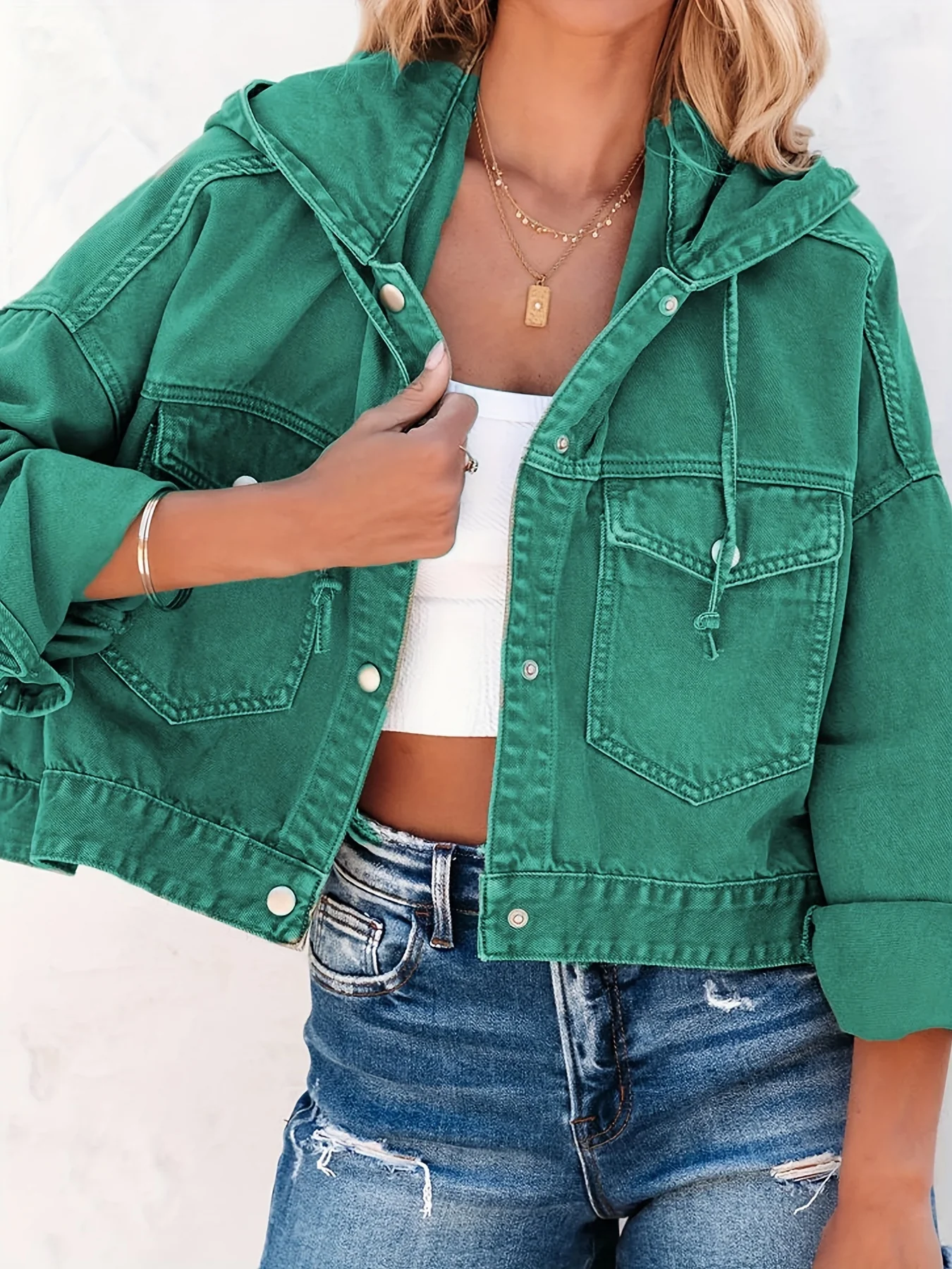Plain Drawstring Hooded Denim Jackets, Long Sleeves Flap Pockets Cropped Denim Coats, Women's Denim Clothing - Deanwangkt