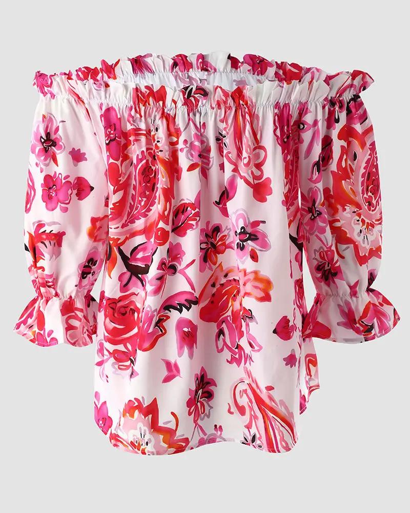 Deanwangkt - Floral Print Ruffle Hem Off Shoulder Top - Deanwangkt