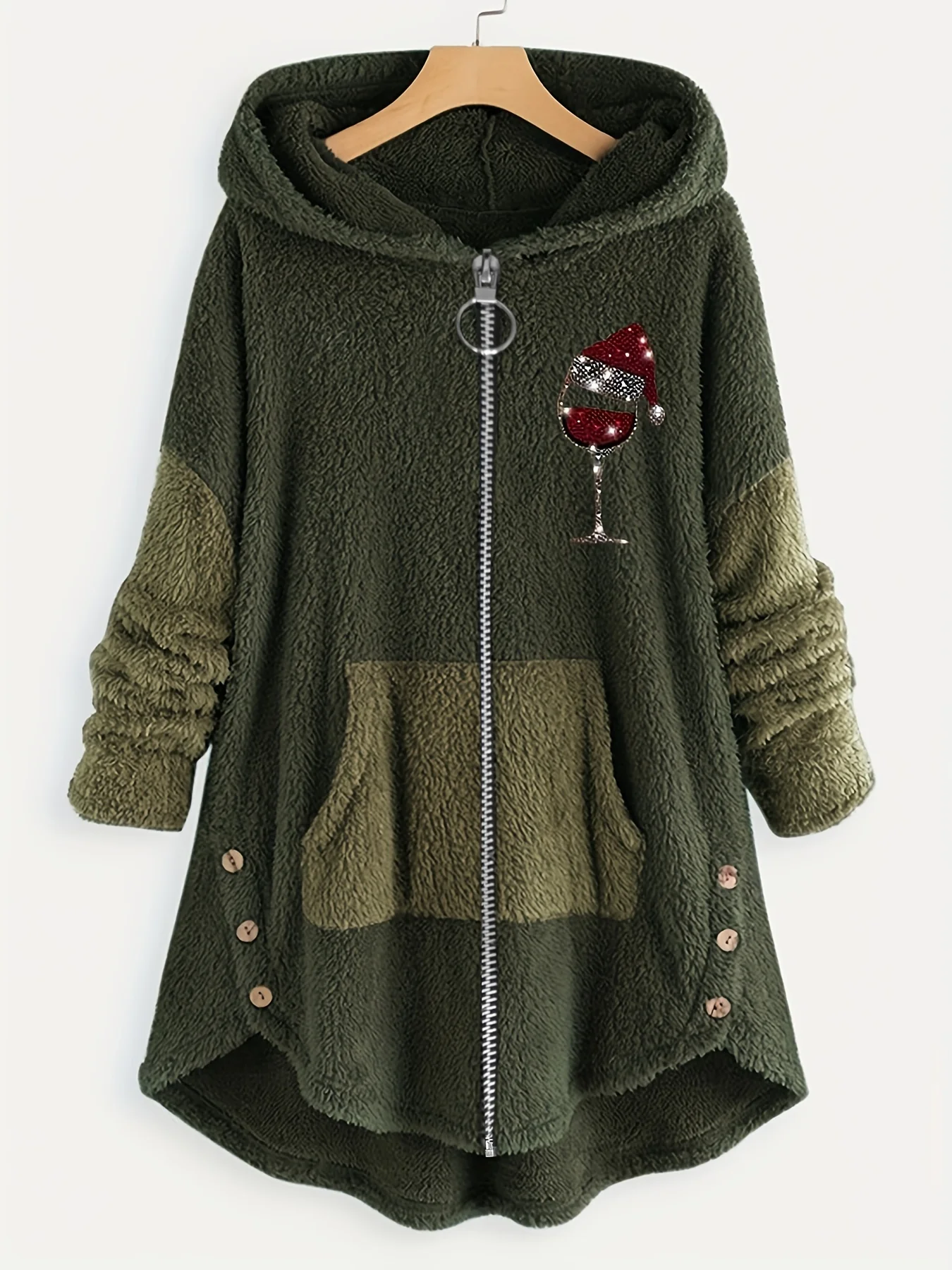 deanwangkt-1  Plus Size Christmas Casual Coat, Women's Plus Sequin Christmas Hat Wine Glasses Zipper Long Sleeve Plush Hooded Teddy Coat - Deanwangkt