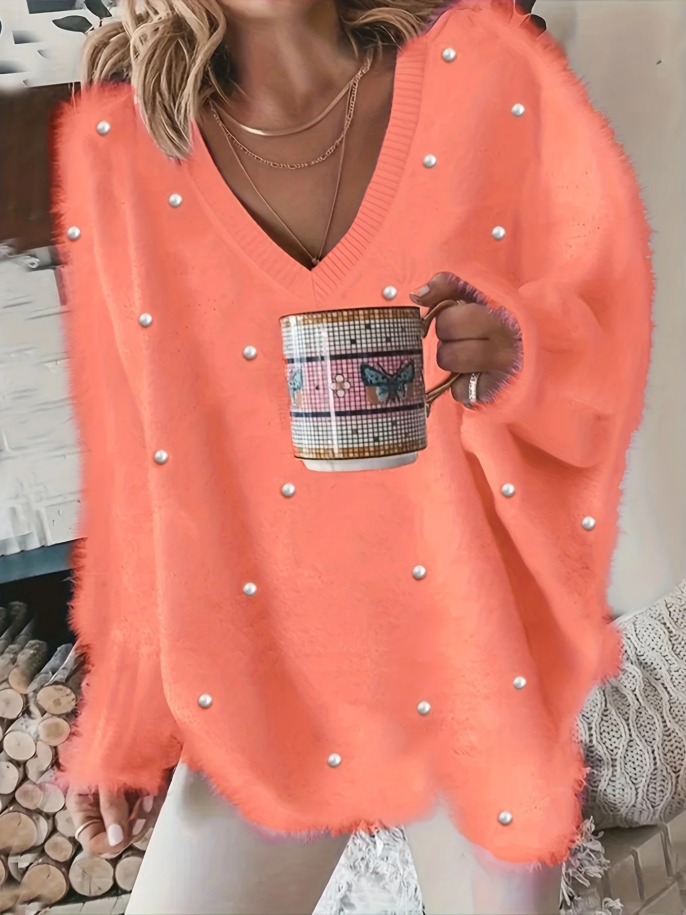 deanwangkt-1  Rhinestone V Neck Fuzzy Sweater, Casual Long Sleeve Loose Sweater, Women's Clothing - Deanwangkt