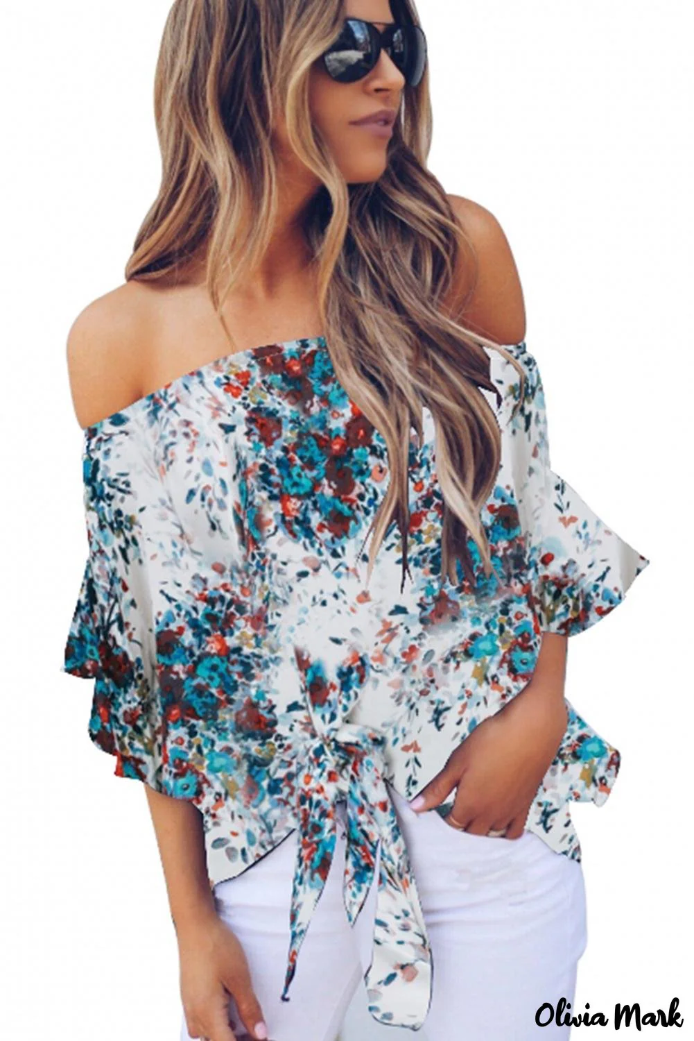 Deanwangkt - Blue Chiffon Off Shoulder Tie Front Blouse - Deanwangkt
