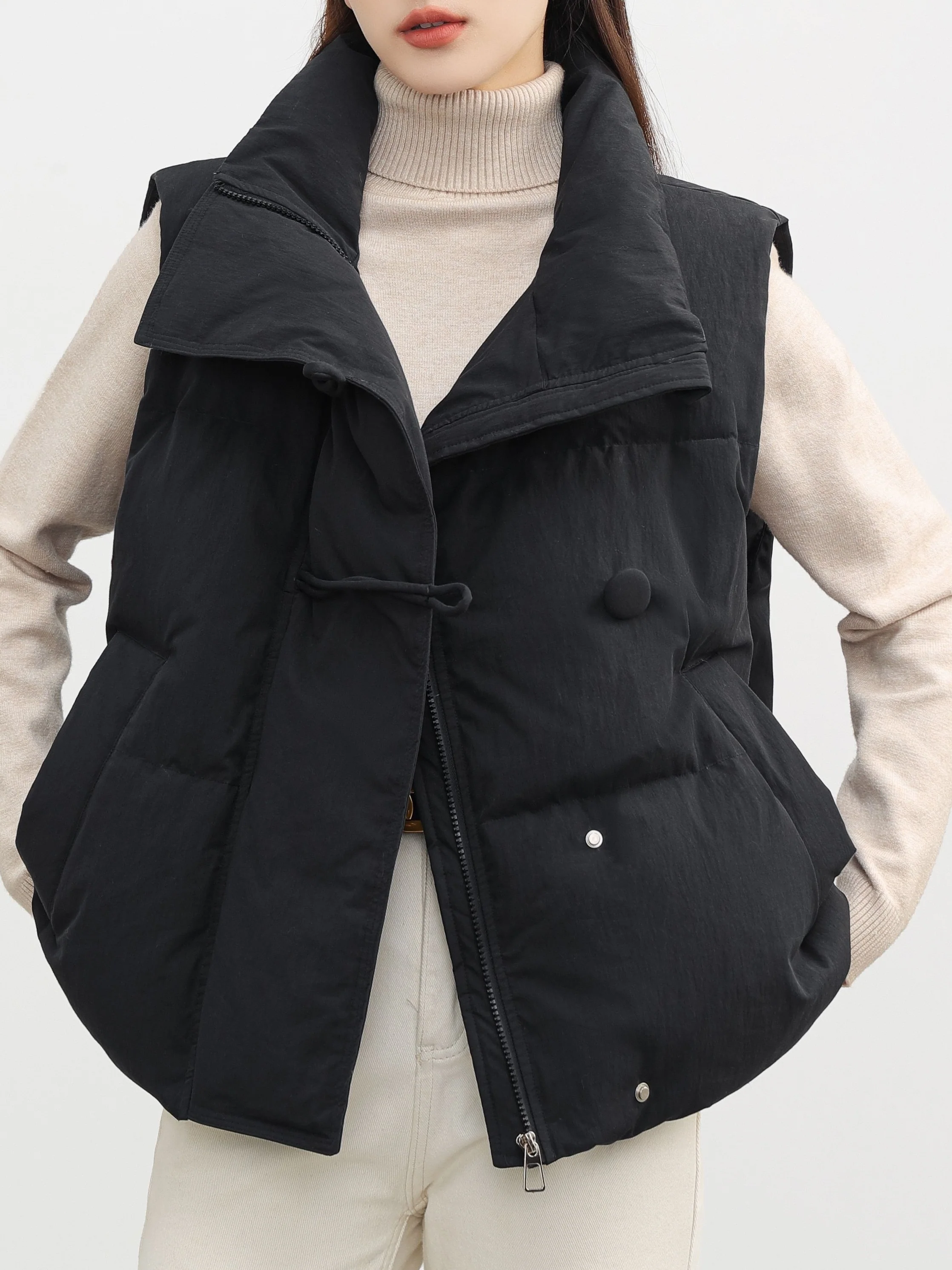 deanwangk Buckle Front High Neck Vest, Casual Solid Sleeveless Versatile Outerwear, Women's Clothing - Deanwangkt