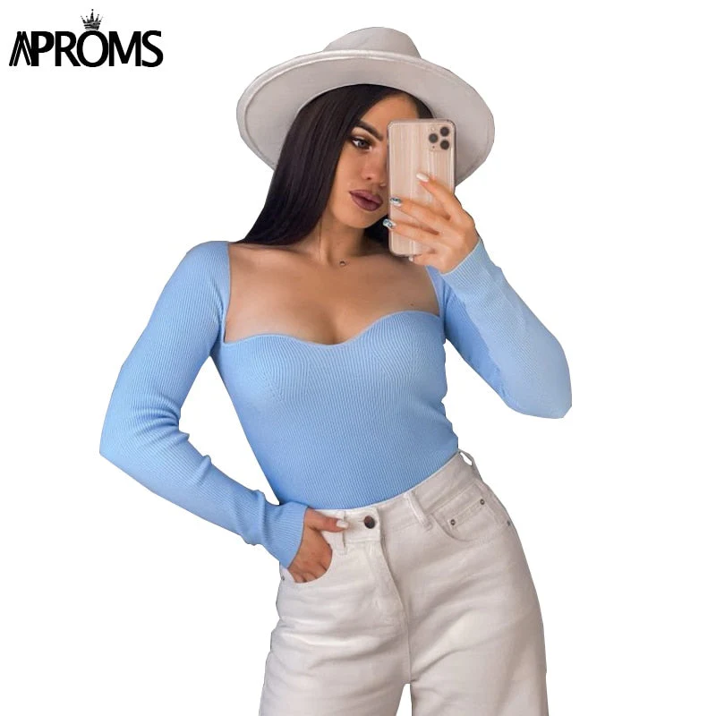 Christmas Gift Aproms Sexy Square Neck Ribbed Knitted Sweater Women Casual Long Sleeve High Stretch Pullovers Streetwear White Soft Basic Top - Deanwangkt