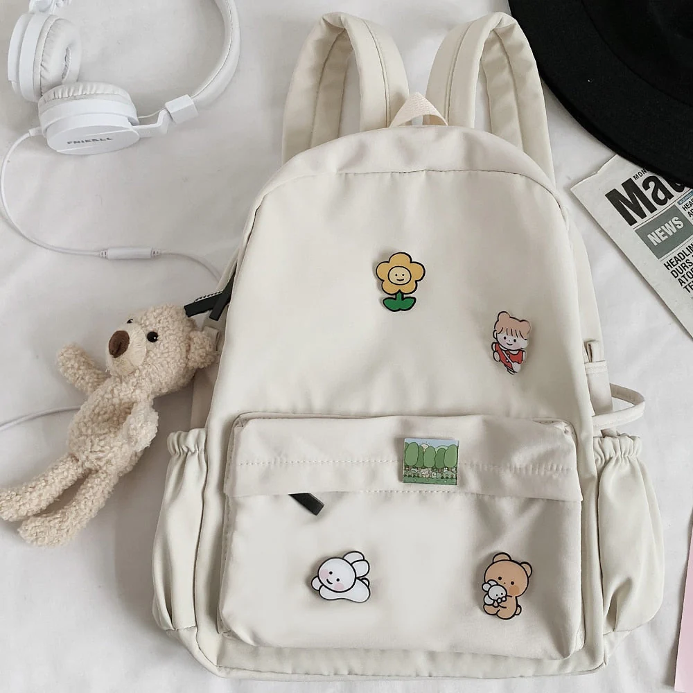 Women Nylon Cute Backpack Bear Female Student College School Bag Badge Girl Doll Backpack Kawaii Book Ladies Fashion Bags Trendy - Deanwangkt