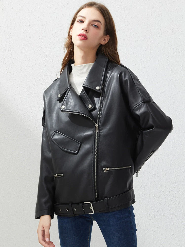Black Friday Sales Spring Autumn Faux Leather Jacket With Belt Women Casual Loose Biker Outwear Female BF Black Leather Coat - Deanwangkt