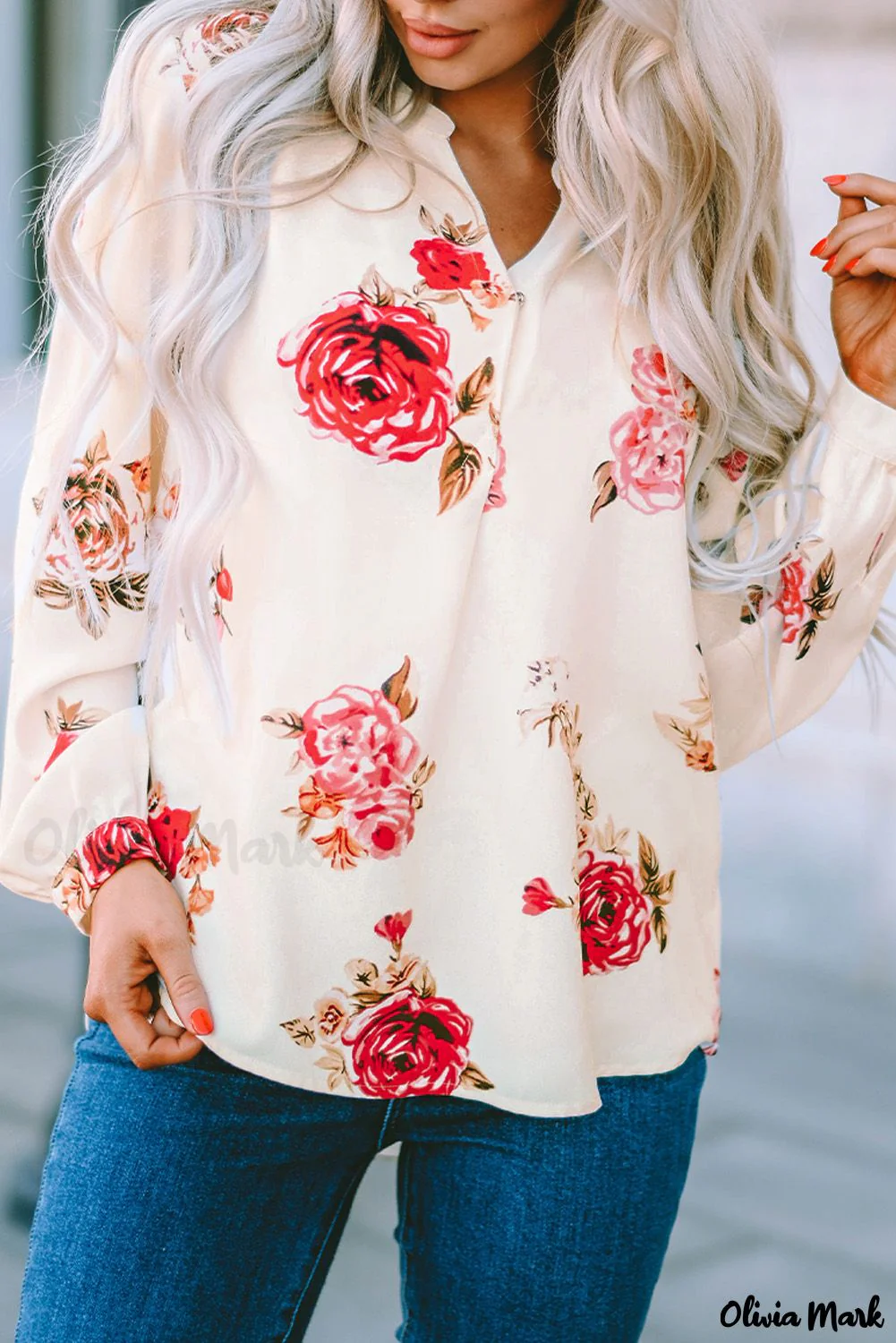 Deanwangkt - Beige Floral Print V-Neck Button Down Blouse - Deanwangkt