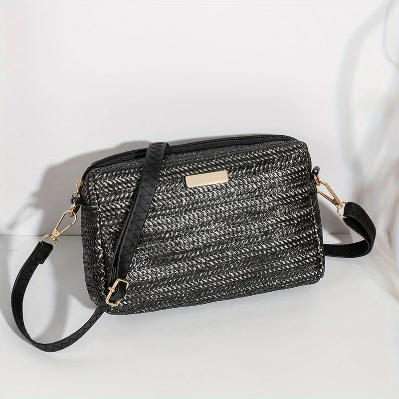 Woven Elegant Crossbody Bag, Zipper Holiday Vacation Beach Bag With Adjustable Strap - Deanwangkt