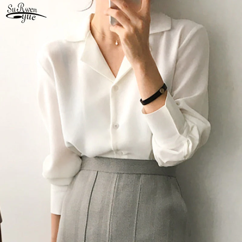 Christmas Gift Deanwangkt Vintage Solid White Chiffon Blouse Tops Spring Cardigan Women Blouses Long Sleeve Women Shirts Clothes Blusas Mujer 9379 50 - Deanwangkt