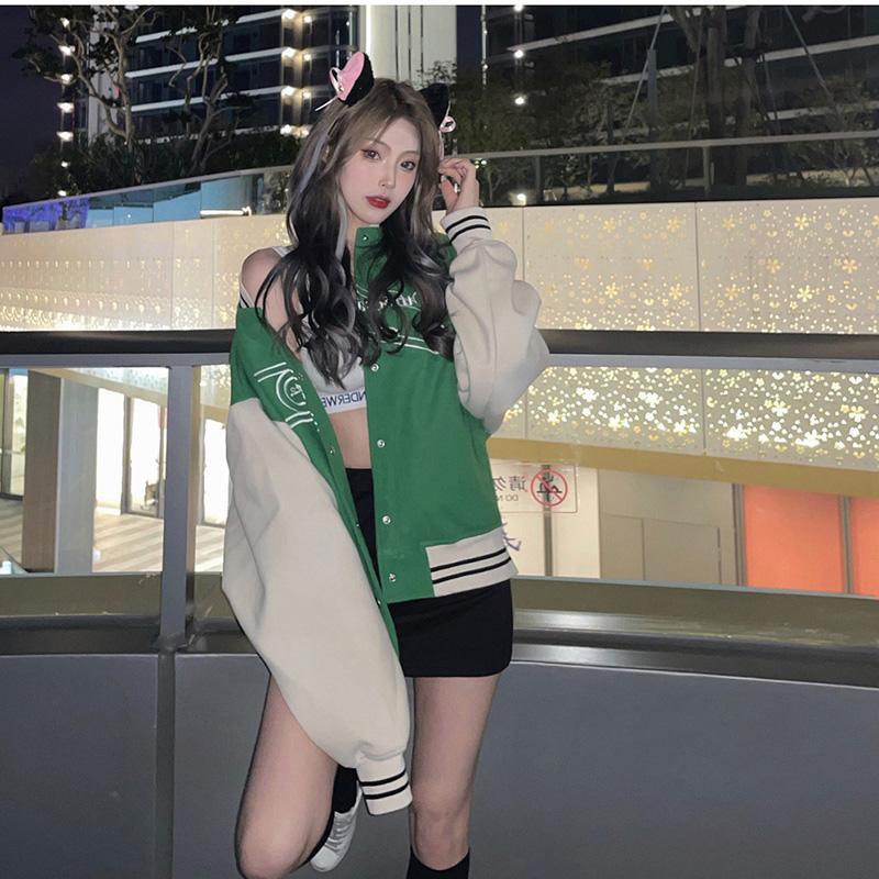 Christmas Gift Autumn Girls Green Coat Bomber Jacket Women Baseball Uniform Clothes Female Ladies Streetwear Casual Loose Harajuku Gothic Basic - Deanwangkt