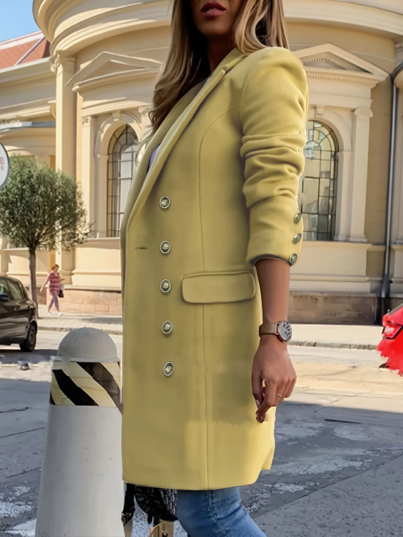 deanwangkt-1  Plus Size Elegant Coat, Women's Plus Solid Long Sleeve Double Breast Button Lapel Collar Woolen Longline Coat With Flap Pockets - Deanwangkt