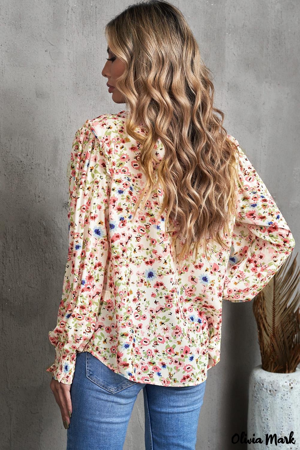 Deanwangkt - Floral Print V-Neck Long Sleeve Shirt - Deanwangkt