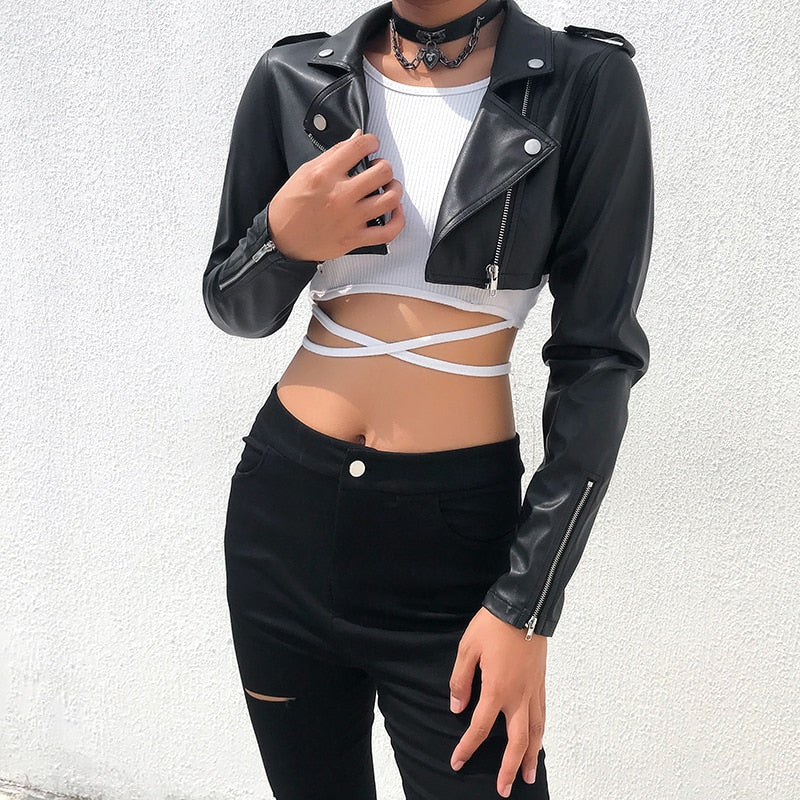 Black PU Leather Crop Jacket Street Wear Punk Style Womens Coats Long Sleeve Turn-Down Zipper Short Jacket Deanwangkt Fashion - Deanwangkt