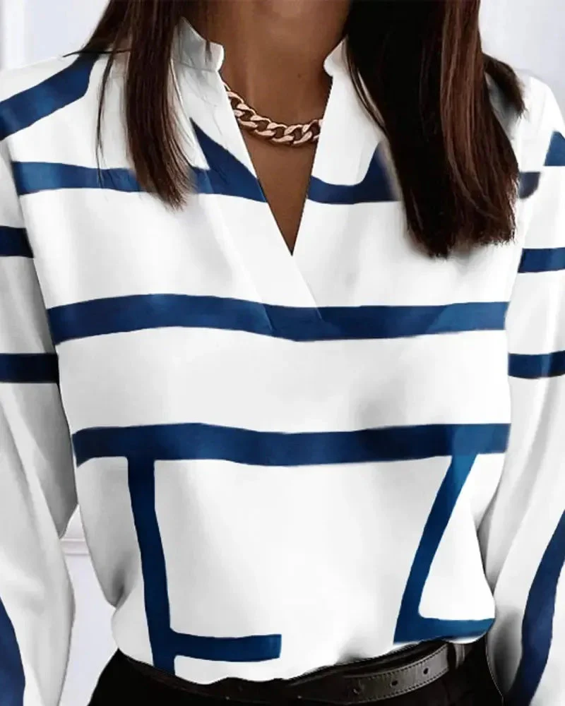 Deanwangkt - Casual Striped V-Neck Long Sleeve Top - Deanwangkt