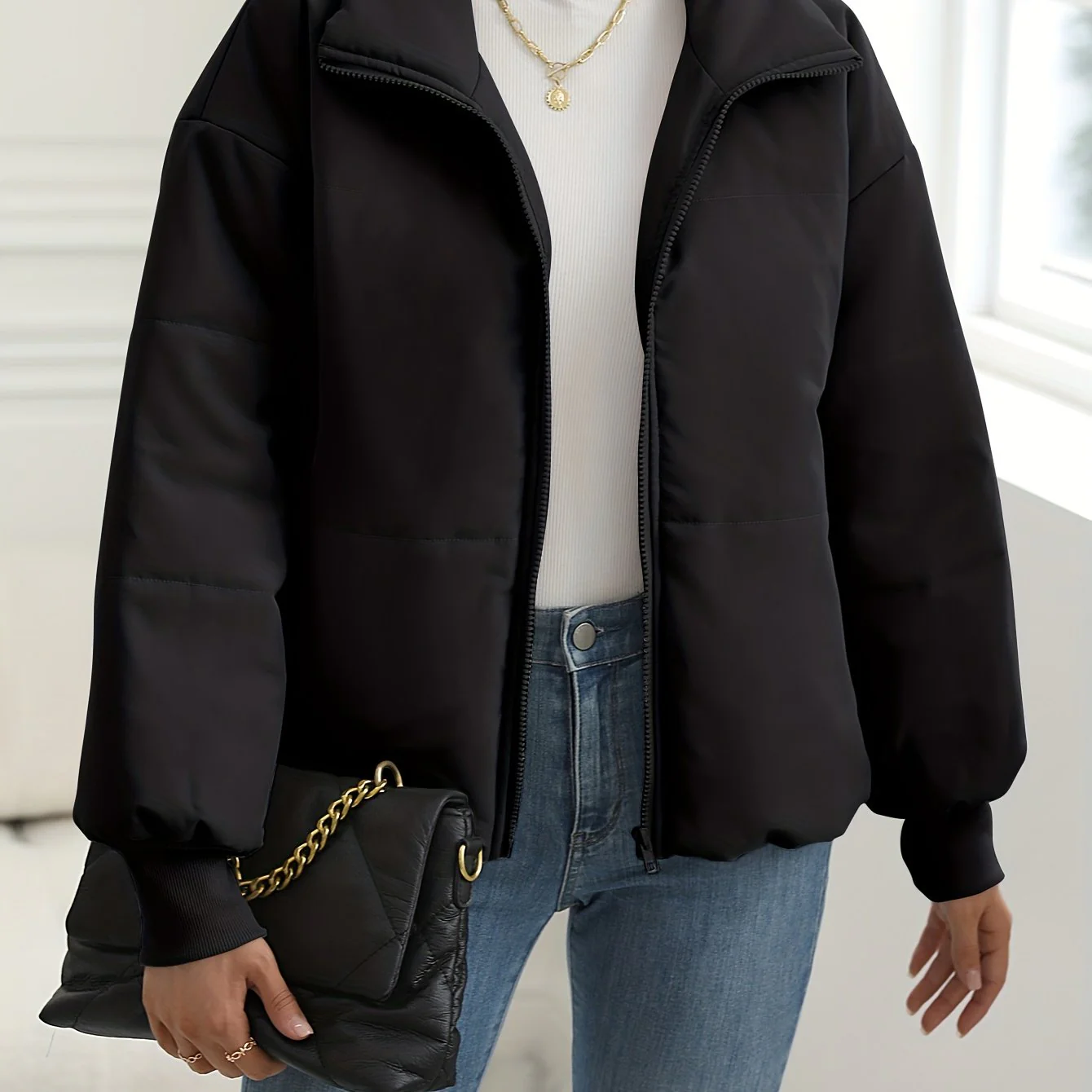 deanwangkt-1  Zip Up Solid Coat, Casual Long Sleeve Winter Warm Outerwear, Women's Clothing - Deanwangkt