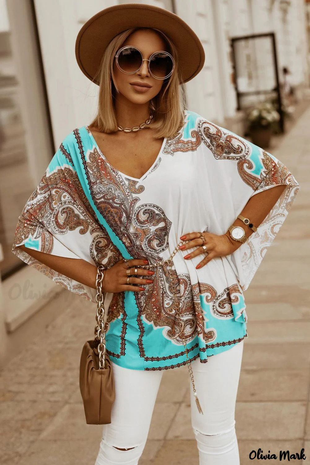 Deanwangkt - Relaxed sky blue tunic with paisley print and batwing sleeves - Deanwangkt