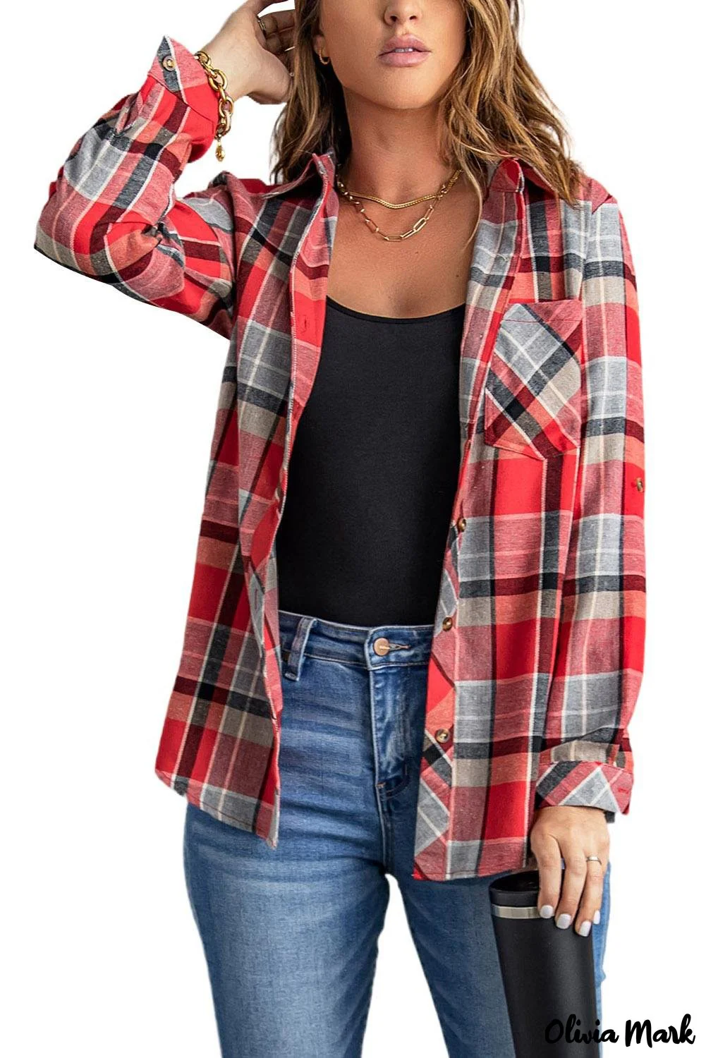 Deanwangkt - Red checkered button down blouse with pocket - Deanwangkt