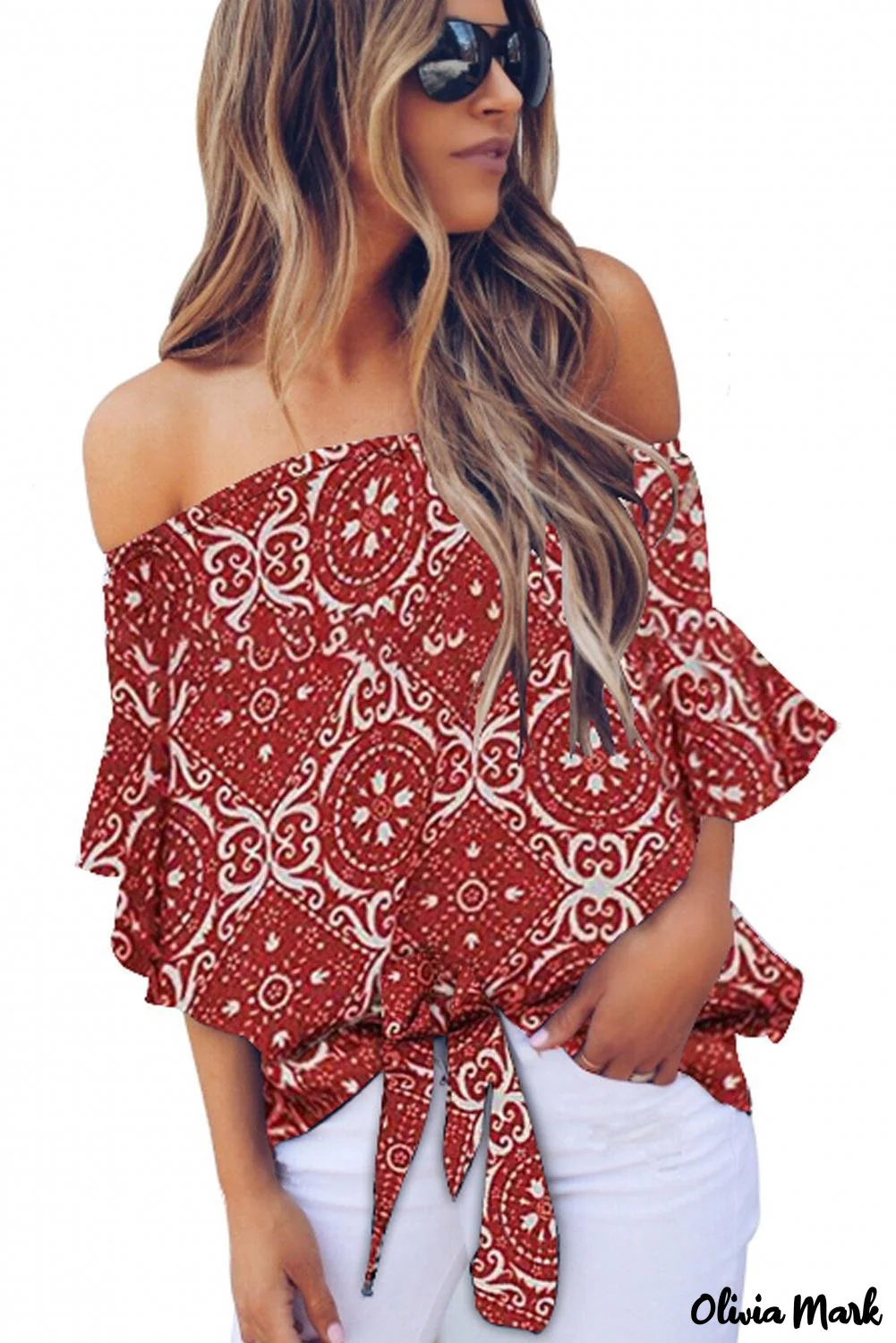 Deanwangkt - Bohemian red blouse with floral print and bare shoulders - Deanwangkt