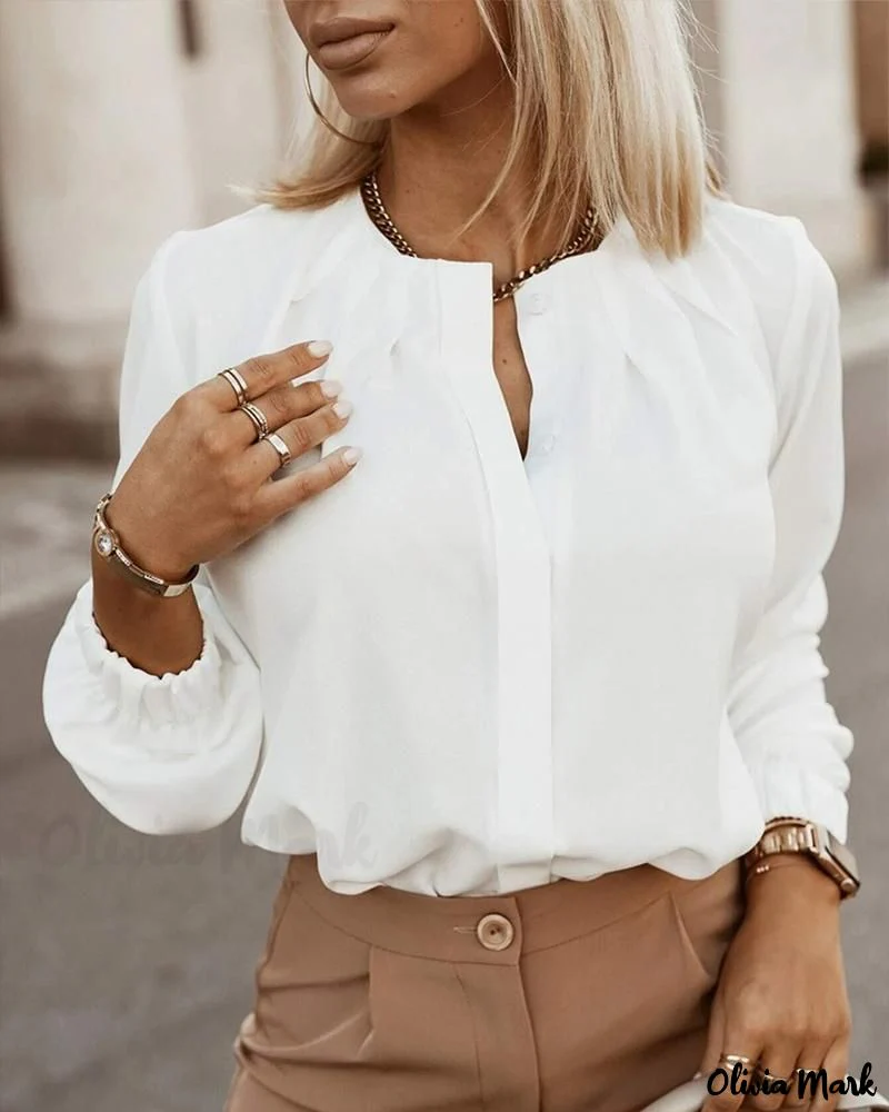 Deanwangkt - Womens O-Neck Long Sleeve Ruched Button Up Blouse - Deanwangkt